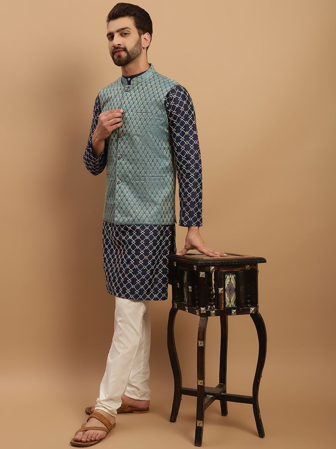 SOJANYA Geometric Embroidered Regular Kurta with Churidar & Woven Design Nehru Jacket