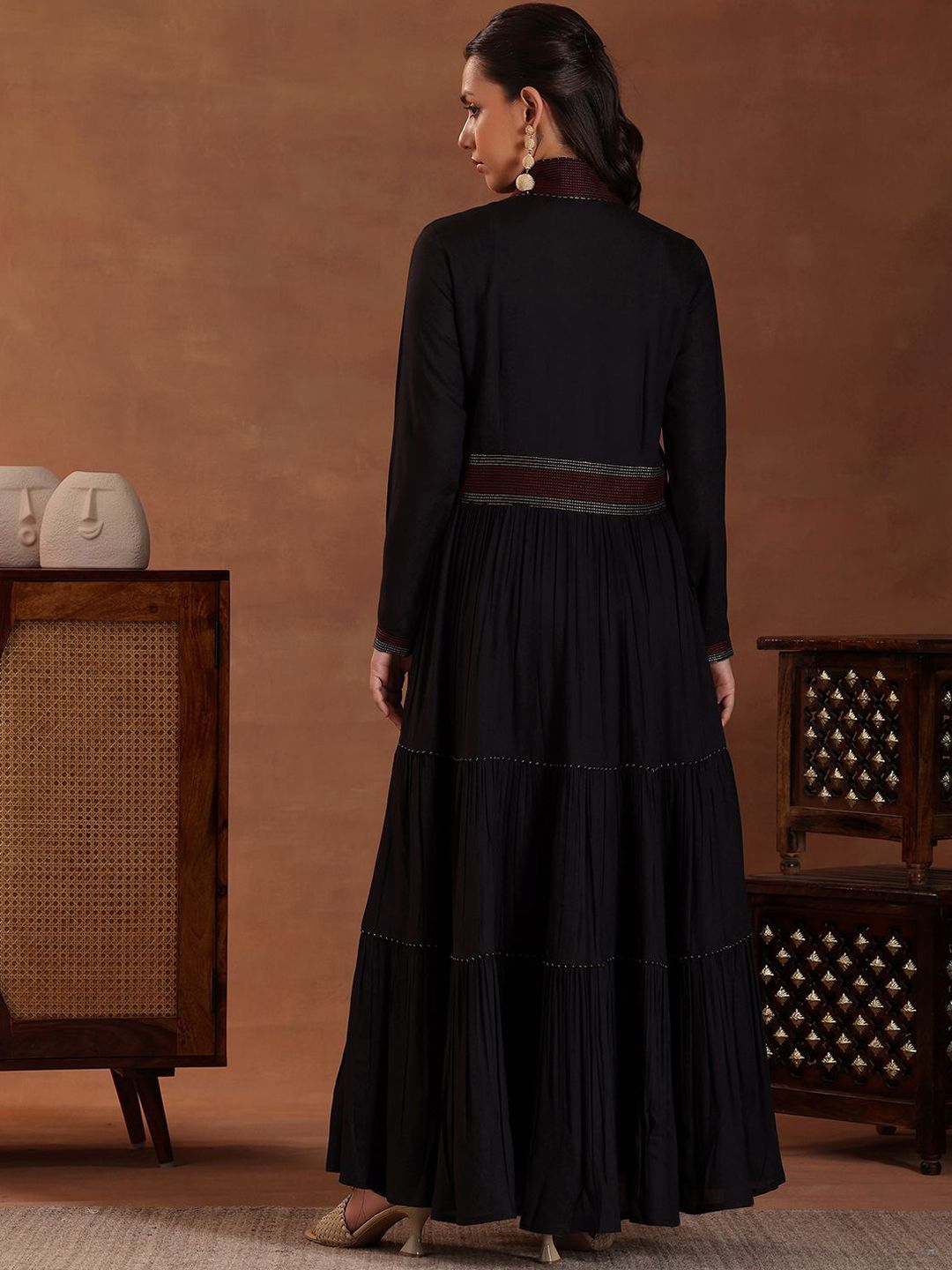 Libas Striped V-Neck Thread Work Viscose Rayon Anarkali Kurta with Trousers