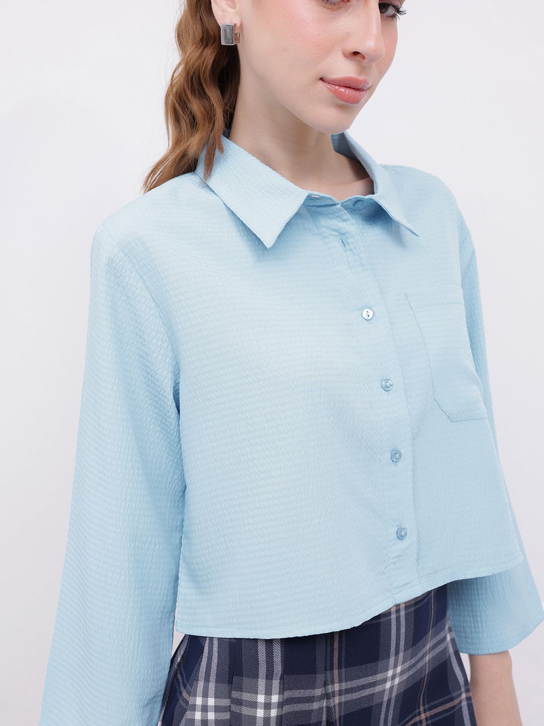 DressBerry Playful Allusion Seersucker Relaxed Fit Crop Shirt