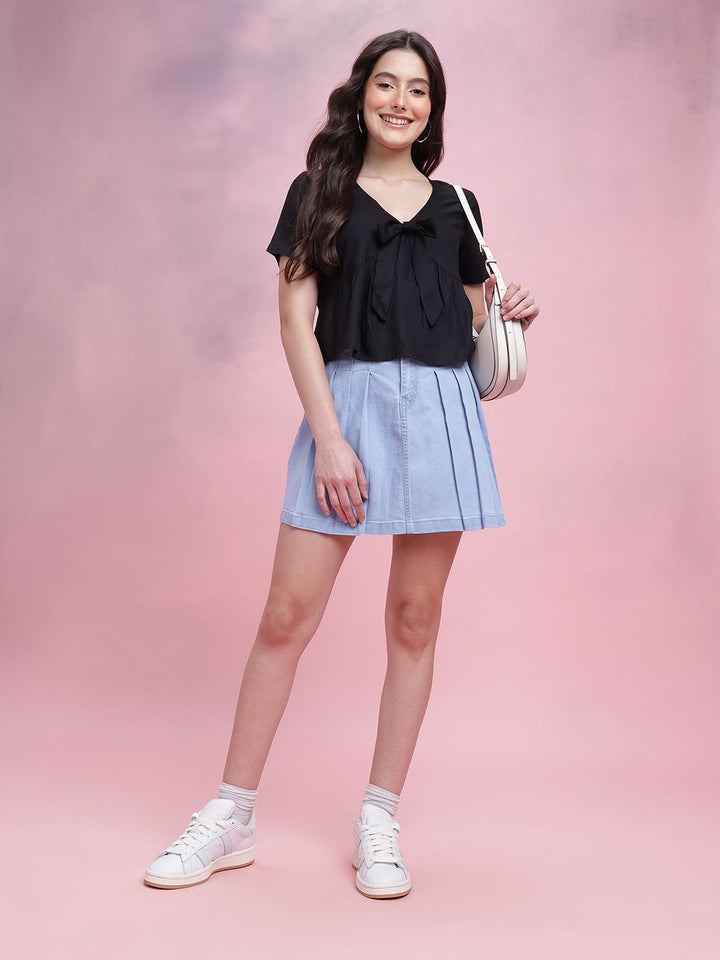 DressBerry Tie-up Detail Pleated Plunge Neck Regular Top