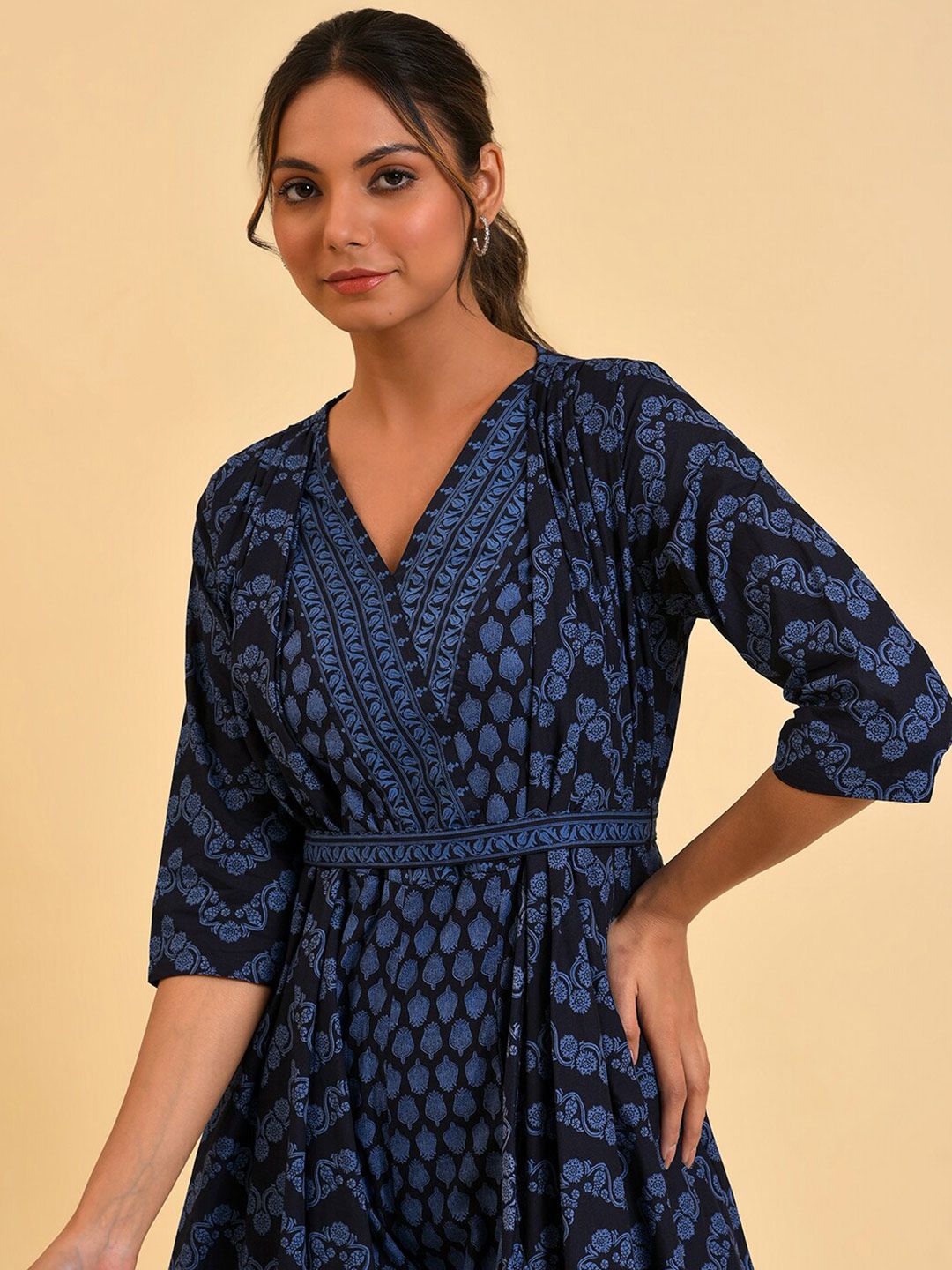 W Blue & Black Ethnic Printed V-Neck Culotte Jumpsuit