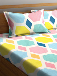 KLOTTHE Pink Geometric Polycotton 300 TC Fitted King Fine Bedsheet dengan 2 Sarung Bantal-59 x 87 inci