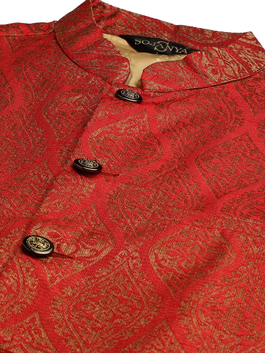 SOJANYA Set Kurta Motif Etnik Merah Lelaki Dengan Jaket Nehru