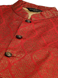 SOJANYA Set Kurta Motif Etnik Merah Lelaki Dengan Jaket Nehru