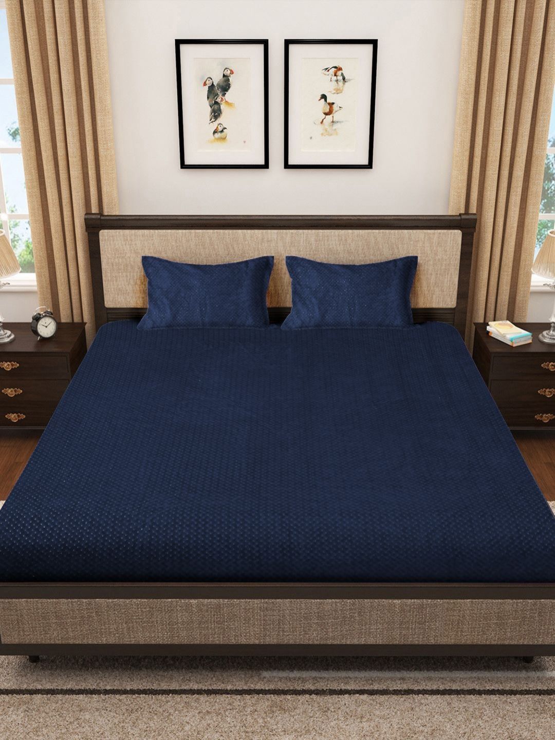 KLOTTHE Navy Blue Solid Fitted 400 TC Woollen King Bedsheet With 2 Pillow Covers