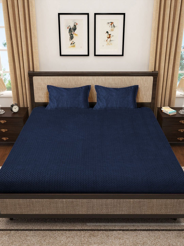KLOTTHE Navy Blue Solid Fitted 400 TC Woollen King Bedsheet With 2 Pillow Covers