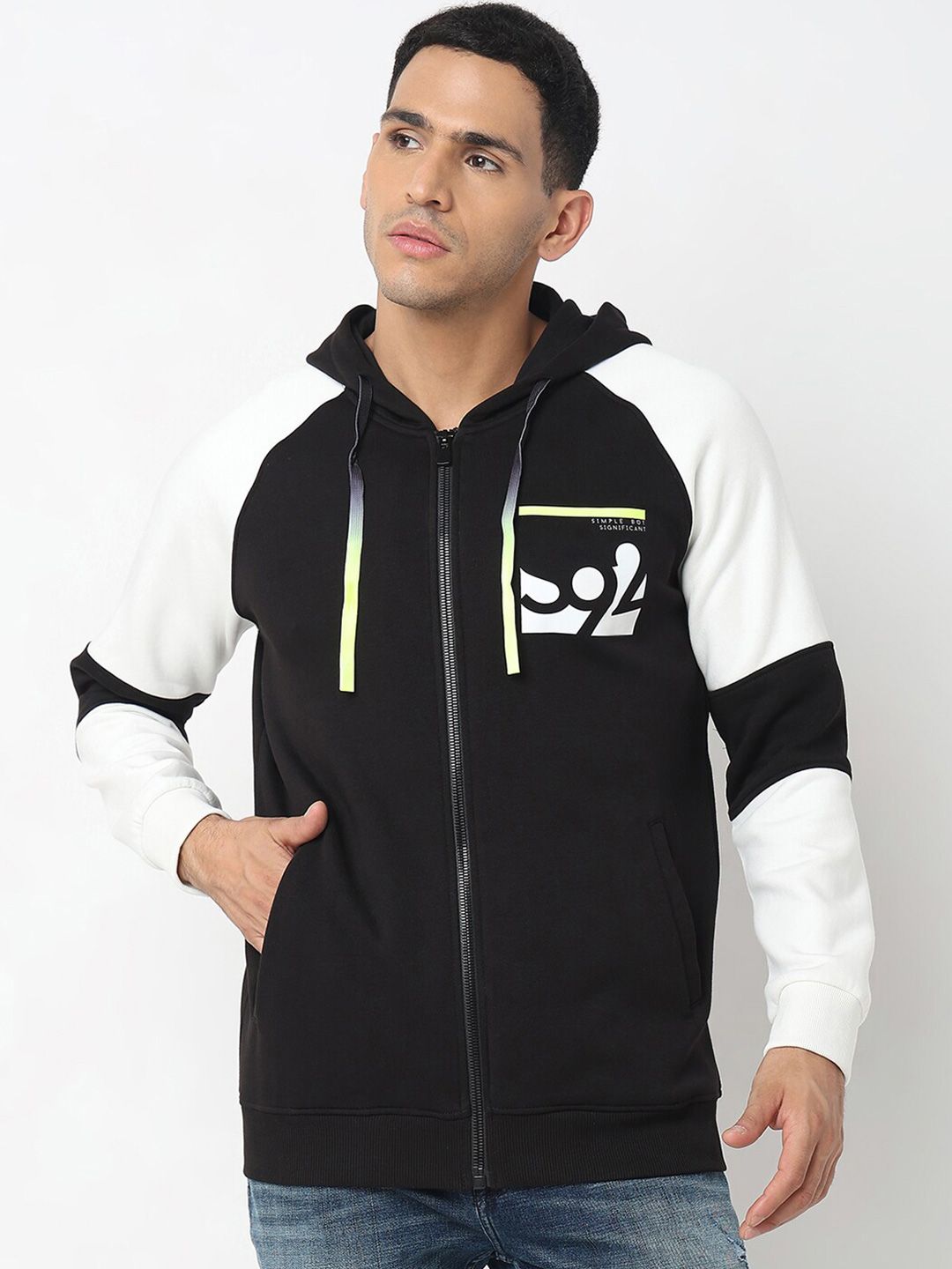 SPYKAR Colourblocked Hooded Front-Open Sweatshirt