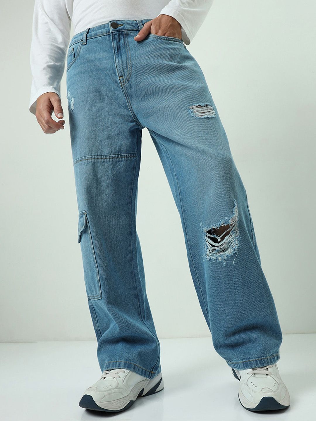 Bewakoof Men Baggy Straight Fit High-Rise Mildly Distressed Cotton Carpenter Jeans
