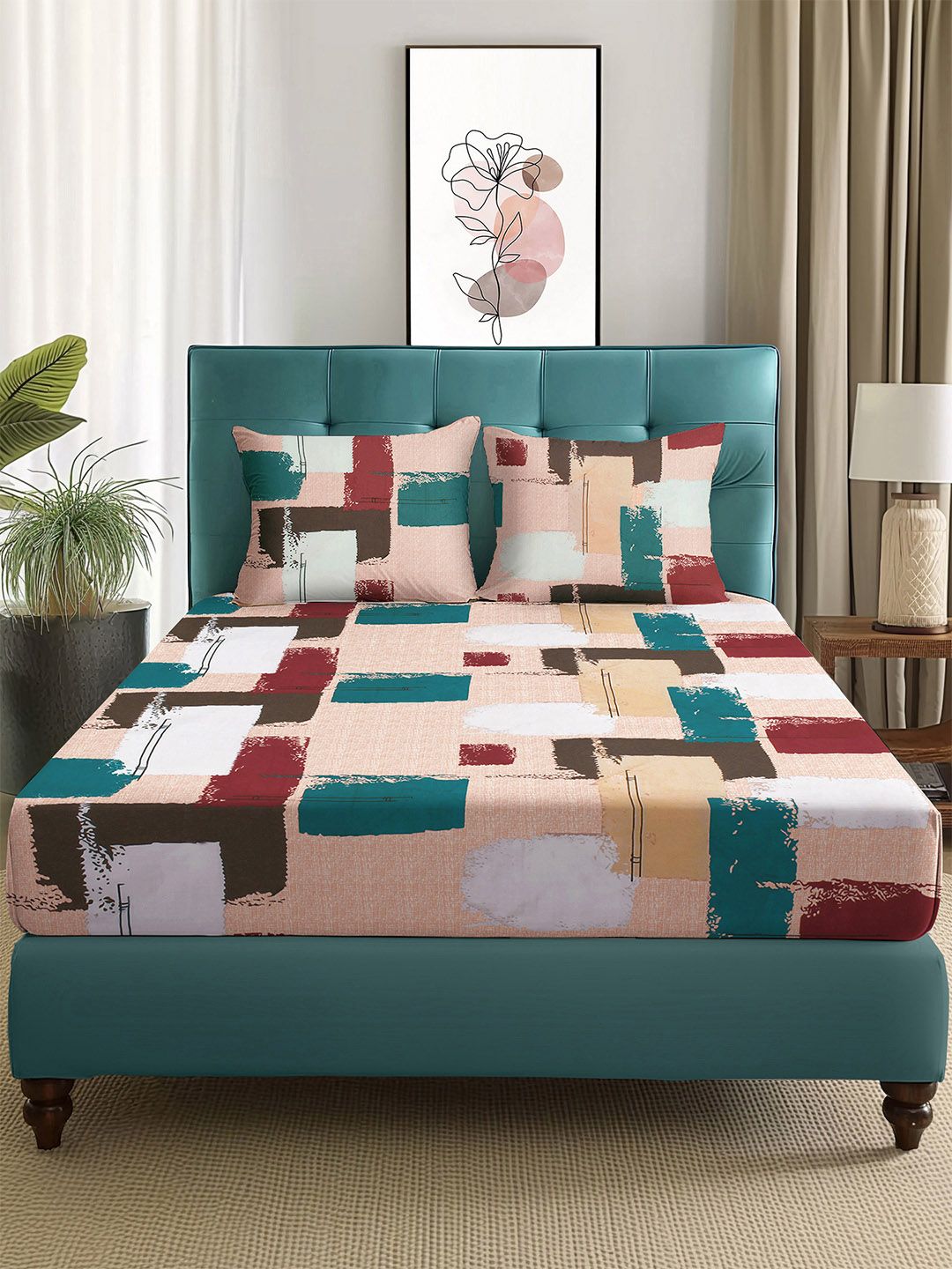 Story@home Arena Peach-Coloured & White Printed 180 TC Queen Bedsheet with 2 Pillow Covers