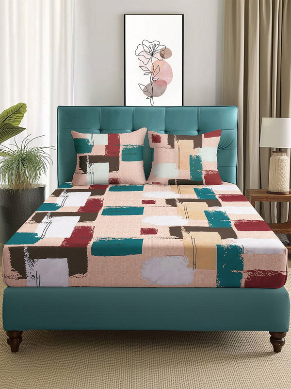 Story@home Arena Peach-Coloured & White Printed 180 TC Queen Bedsheet with 2 Pillow Covers