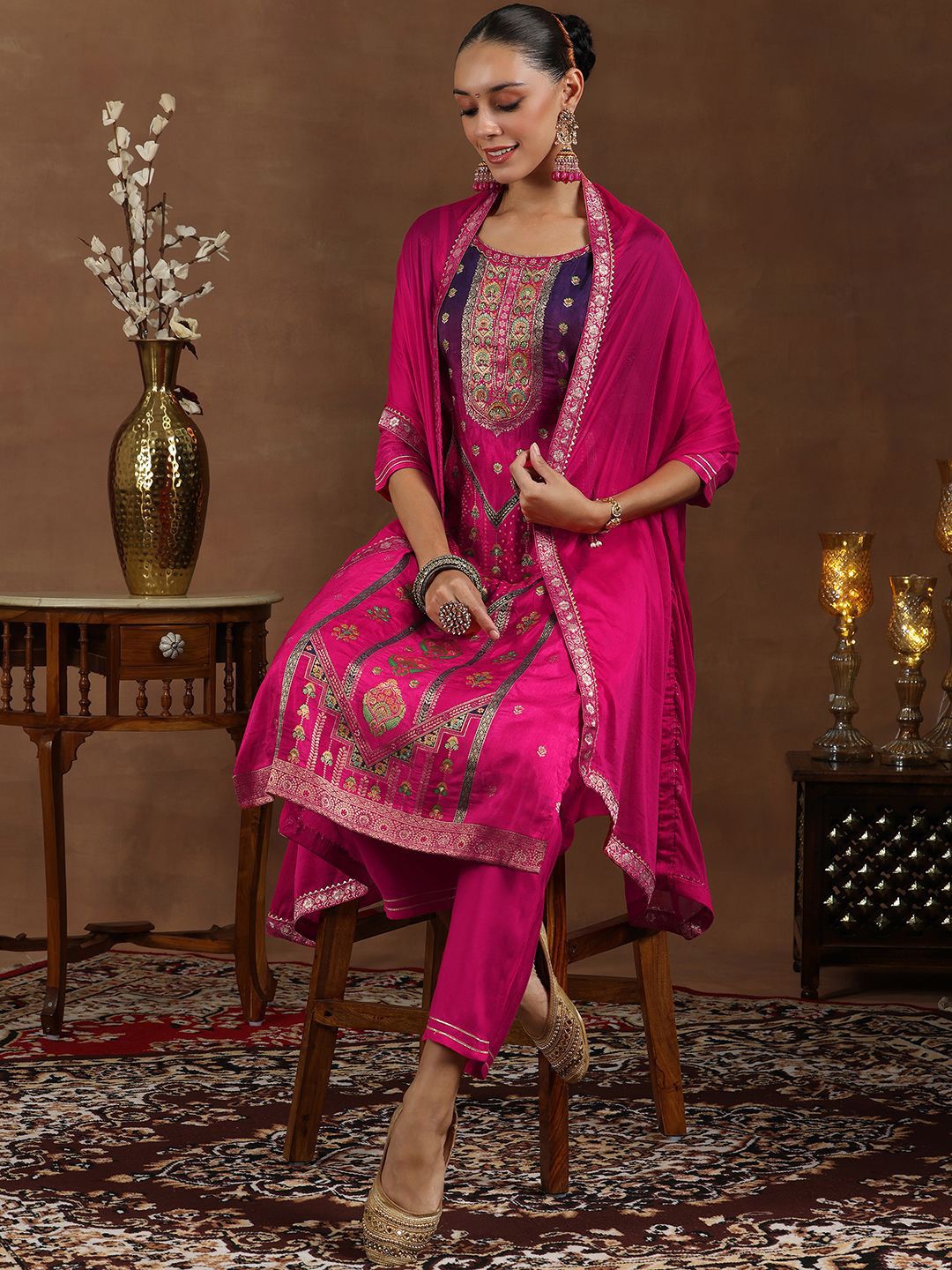 Libas Floral Woven Design Round Neck Kurta with Trousers & Dupatta