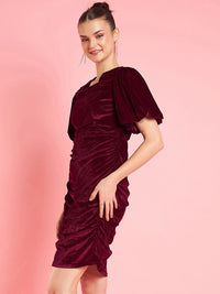 Antheaa Flutter Sleeve Velvet Sheath Party Dress
