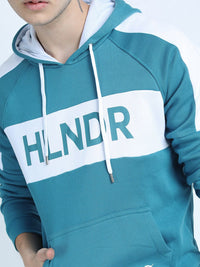 HIGHLANDER Men Teal Colourblocked Hooded Sweatshirt