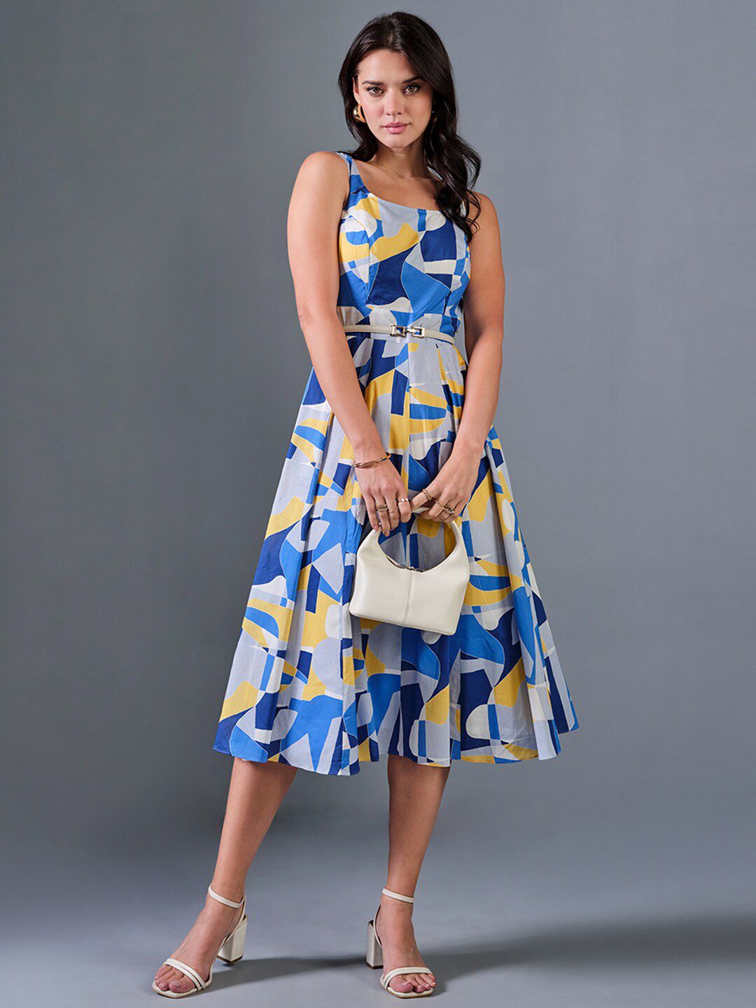 AND Print Shoulder Straps Fit & Flare Midi Dress