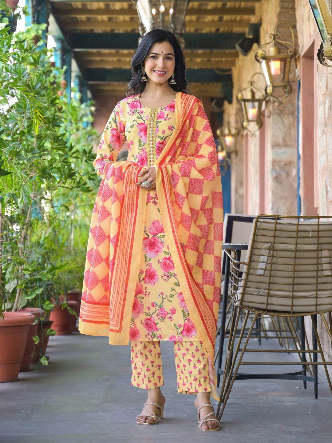 KALINI Floral Printed Straight Kurta With Trouser And Dupatta