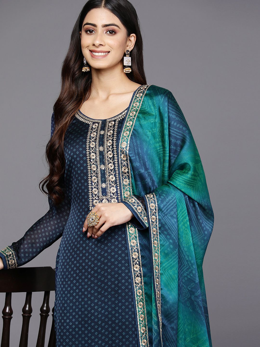 Libas Women Blue Bandhani Printed Kurta with Trousers & With Dupatta