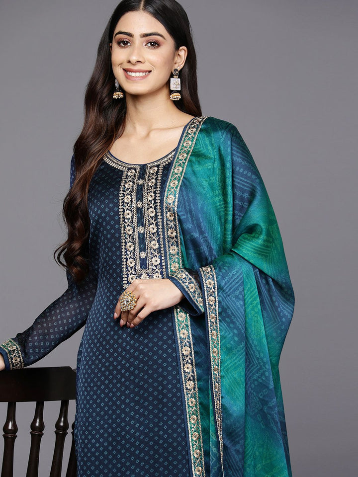 Libas Women Blue Bandhani Printed Kurta with Trousers & With Dupatta