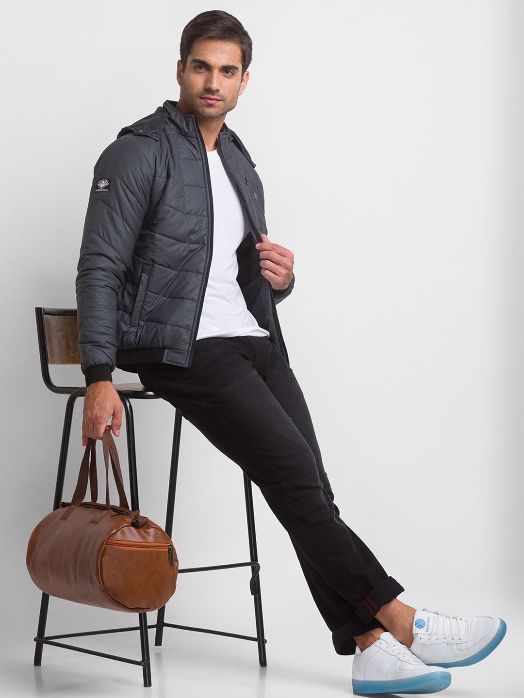 Being Human Men Grey Striped Longline Biker Jacket