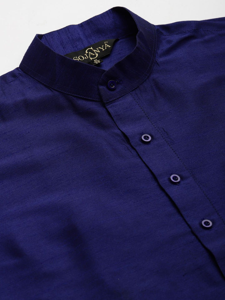 SOJANYA Men Navy Blue Solid Kurta with Churidar & Nehru Jacket