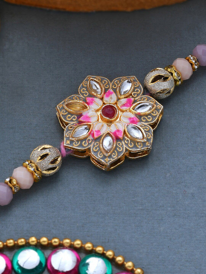 Voylla Meenakari Kundan Embellished Pink Floral Enamel Work Rakhi