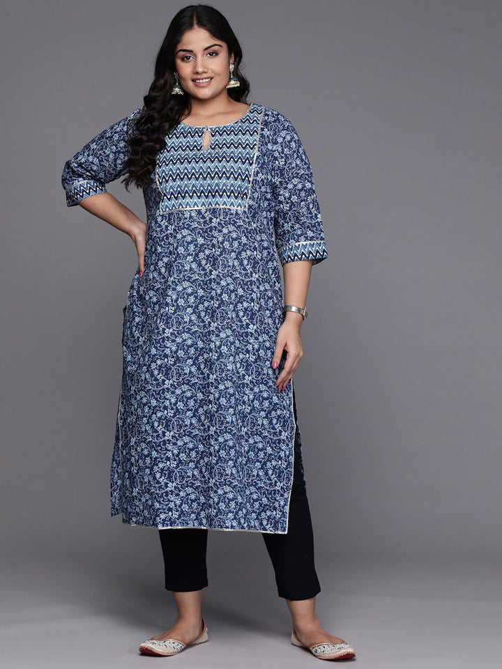 EXTRA LOVE BY LIBAS Women Floral Printed Keyhole Neck Gotta Patti Kurta