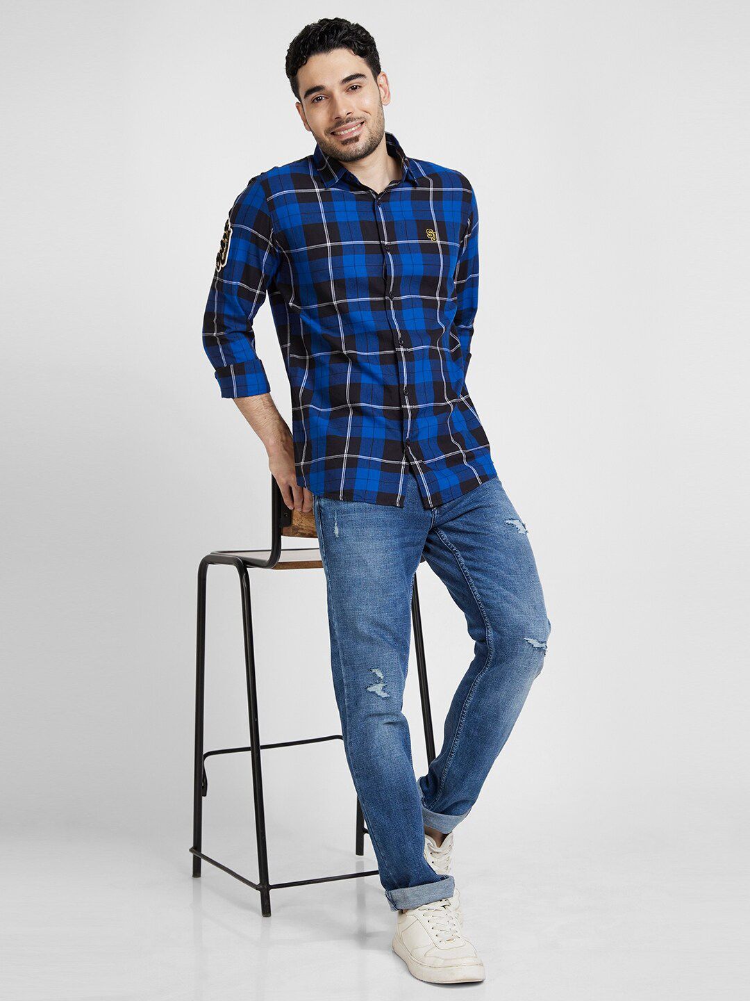 SPYKAR Classic Tartan Checks Opaque Cotton Linen Casual Shirt
