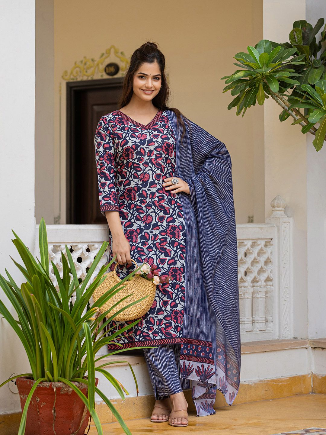 KALINI Floral Printed V Neck Straight Kurta With Trousers & Dupatta