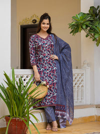 KALINI Floral Printed V Neck Straight Kurta With Trousers & Dupatta