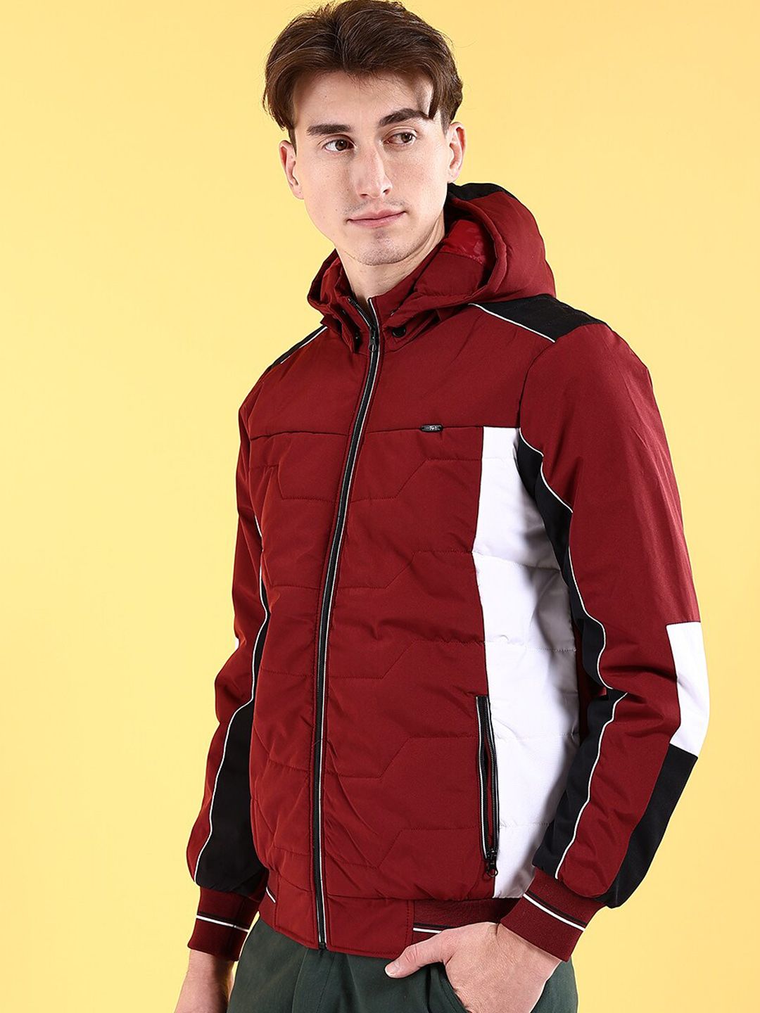The Indian Garage Co Men Colourblocked Bomber Jacket with Hood