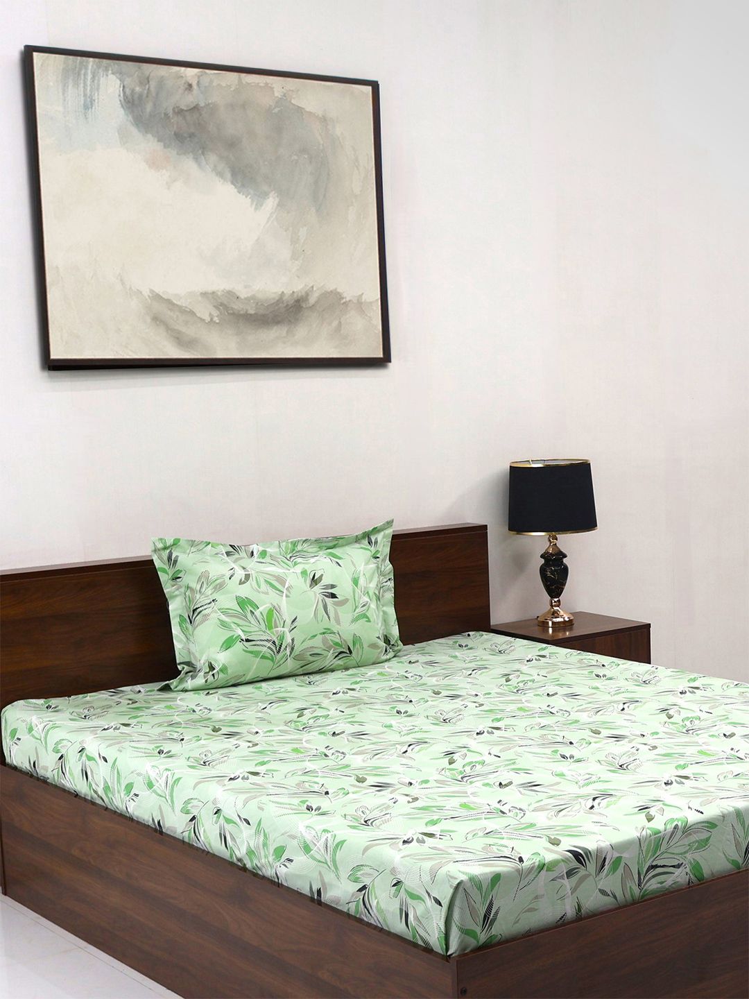 BOMBAY DYEING Green & Grey Floral Cotton 140 TC Single Bedsheet Set-1.50 m X 2.28 m