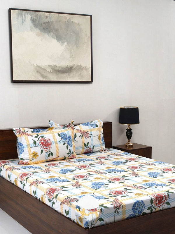 BOMBAY DYEING Allure Orange Floral Cotton 144 TC Fitted Bedsheet Set-1.52m X1.98 m X 30 cm