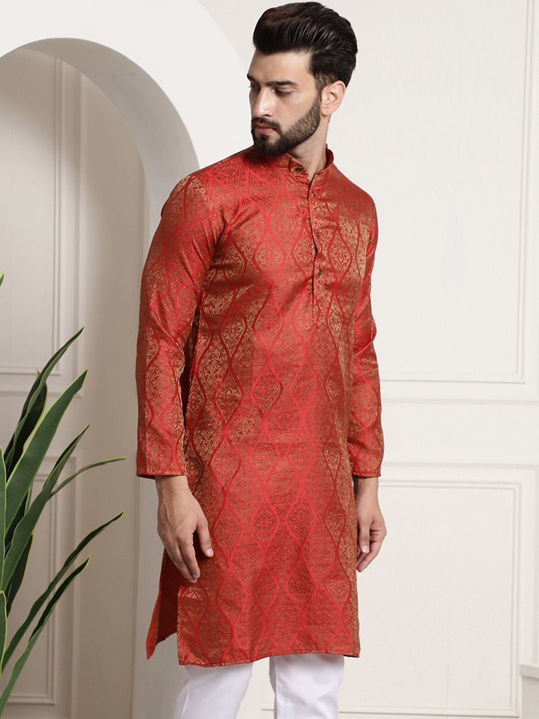 SOJANYA Ethnic Motifs Woven Design Band Collar Straight Kurta