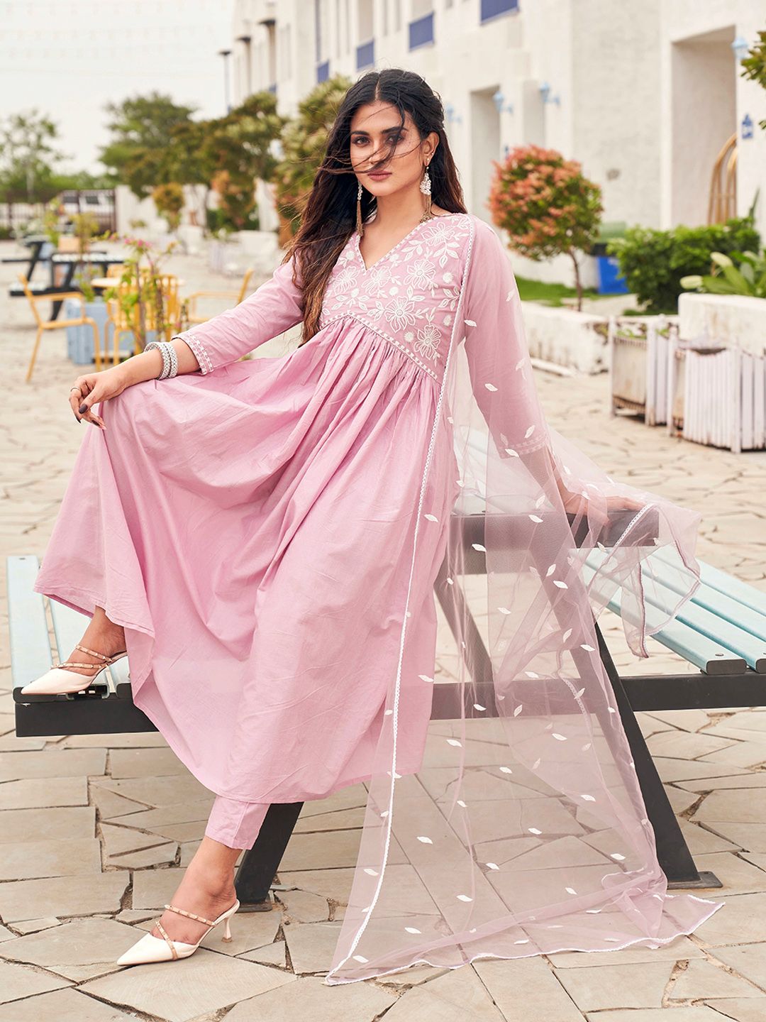 Tikhi Imli Embroidered Empire Pure Cotton Kurta With Trousers & Dupatta