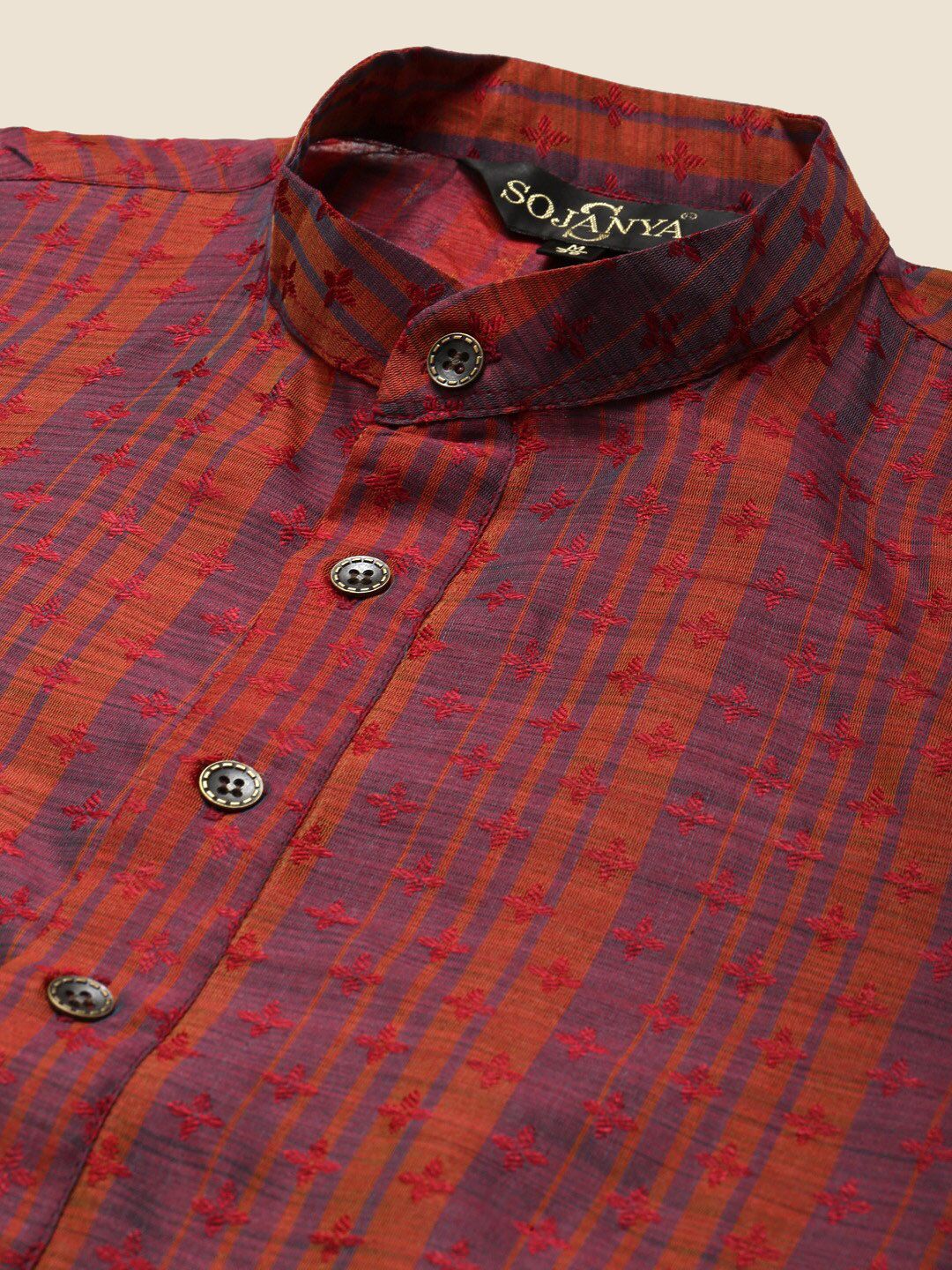 SOJANYA Kurta Berjalur Bunga Merah , Biru & Oren Lelaki