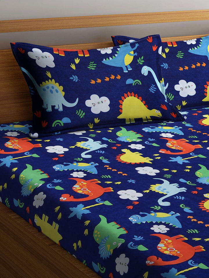 KLOTTHE Navy Blue & Yellow Graphic 300 TC King Bedsheet with 2 Pillow Covers
