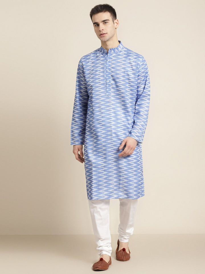 SOJANYA Men Blue & White Pure Cotton Chevron Printed Kurta