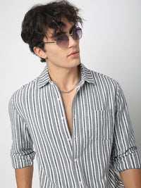 VASTRADO Men Classic Relaxed Fit Spread Collar Vertical Striped Cotton Casual Shirt