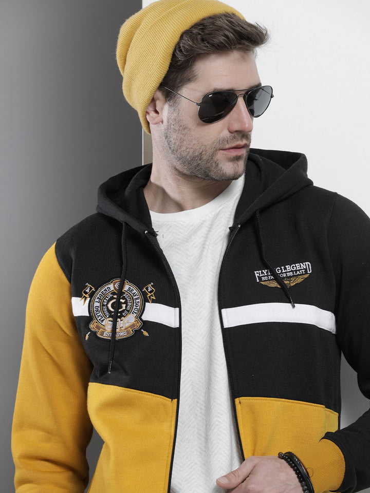 The Indian Garage Co Men Black & Yellow Colourblocked Hooded Sweatshirt