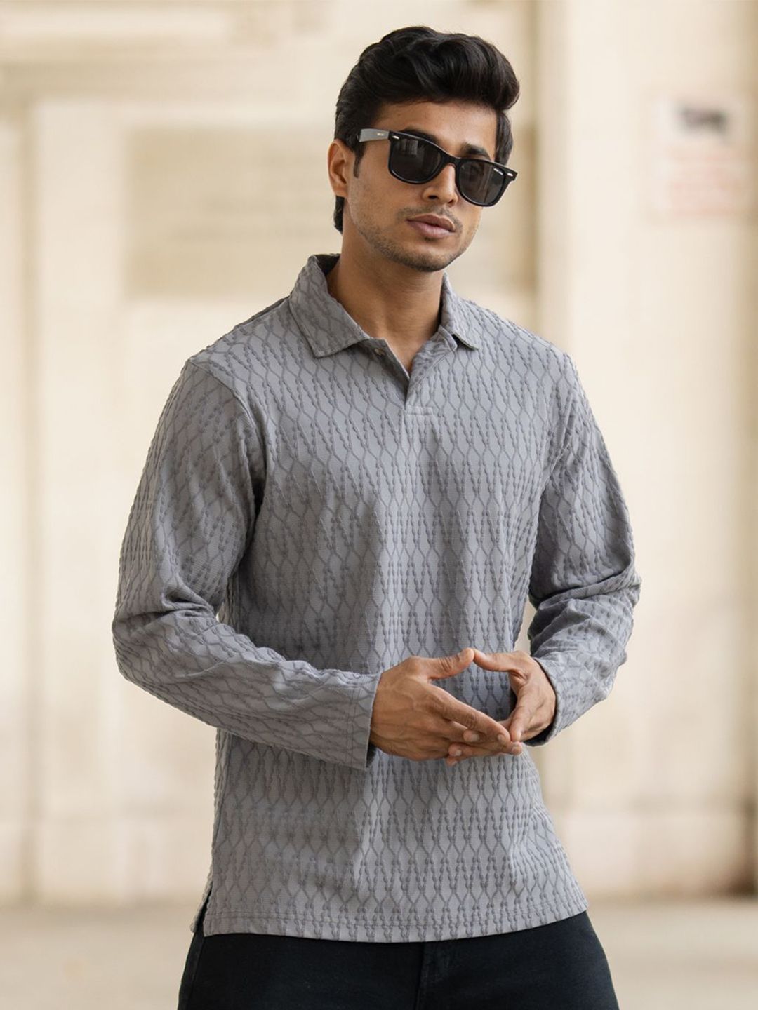 Powerlook Men Self Design Polo Collar T-shirt