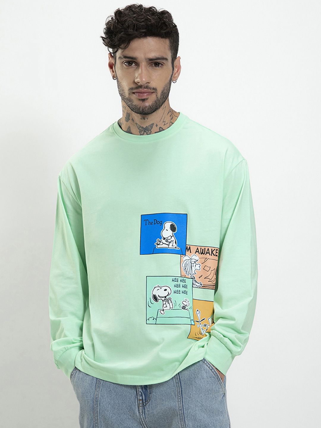 Bewakoof Official Peanuts Merchandise Snoopy Stripboard Printed Cotton Oversized T-shirt