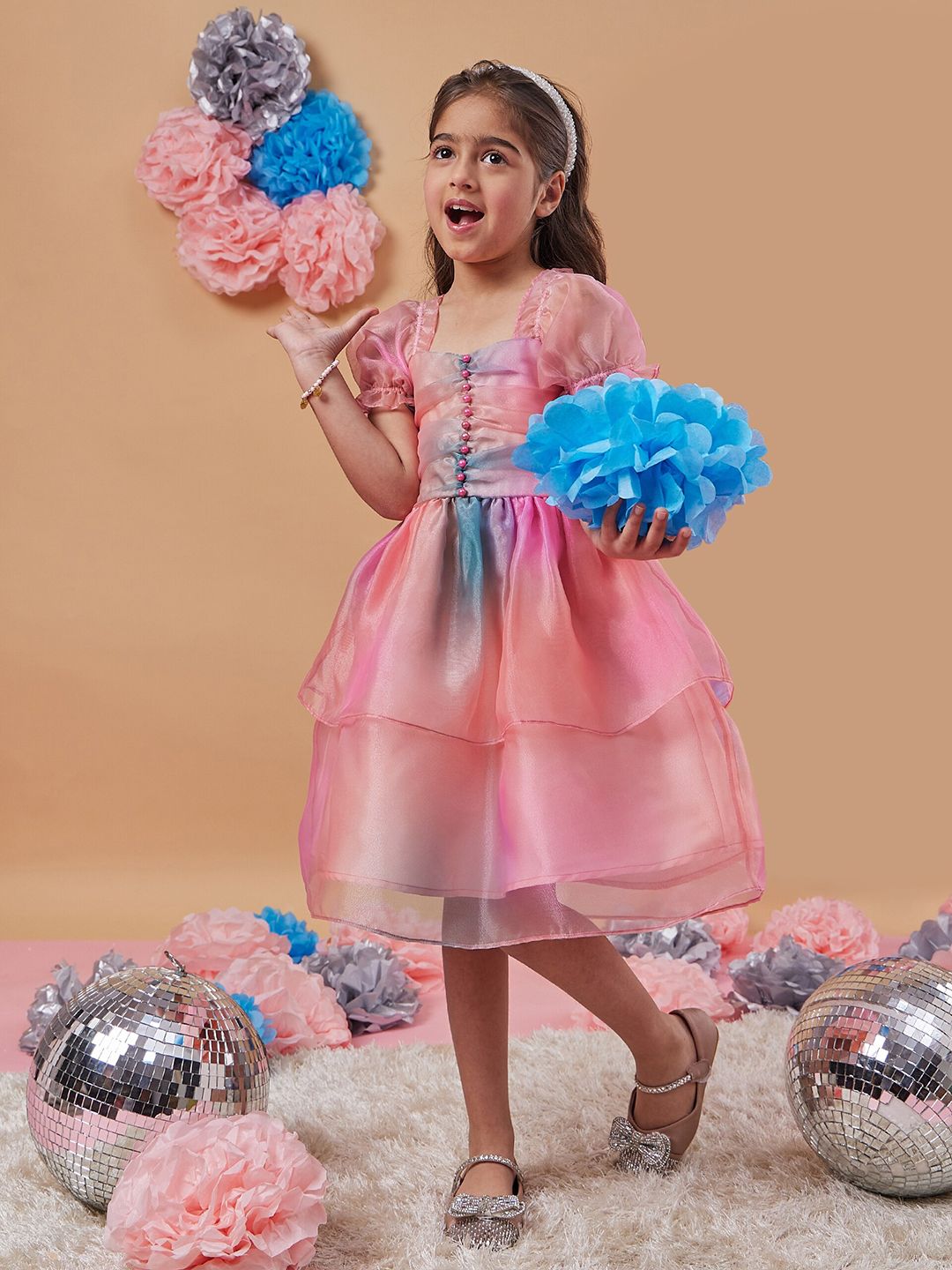 pspeaches Girls Square Neck Short Puff Sleeves Fit & Flare Dress