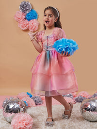 pspeaches Girls Square Neck Short Puff Sleeves Fit & Flare Dress