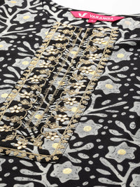 Varanga Women Black & Grey Floral Printed Zardozi Kurta