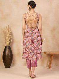 Anouk Pink Floral Printed V-Neck Regular Pure Cotton A-Line Kurta With Trousers