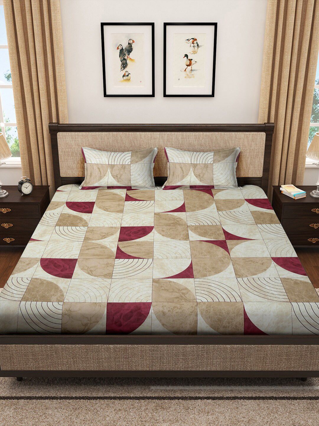KLOTTHE Beige Geometric Printed 400 TC Pure Cotton Super King Bedsheet Set