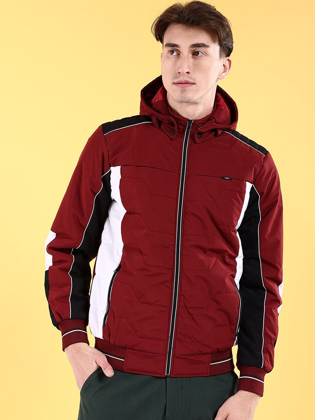 The Indian Garage Co Men Colourblocked Bomber Jacket with Hood