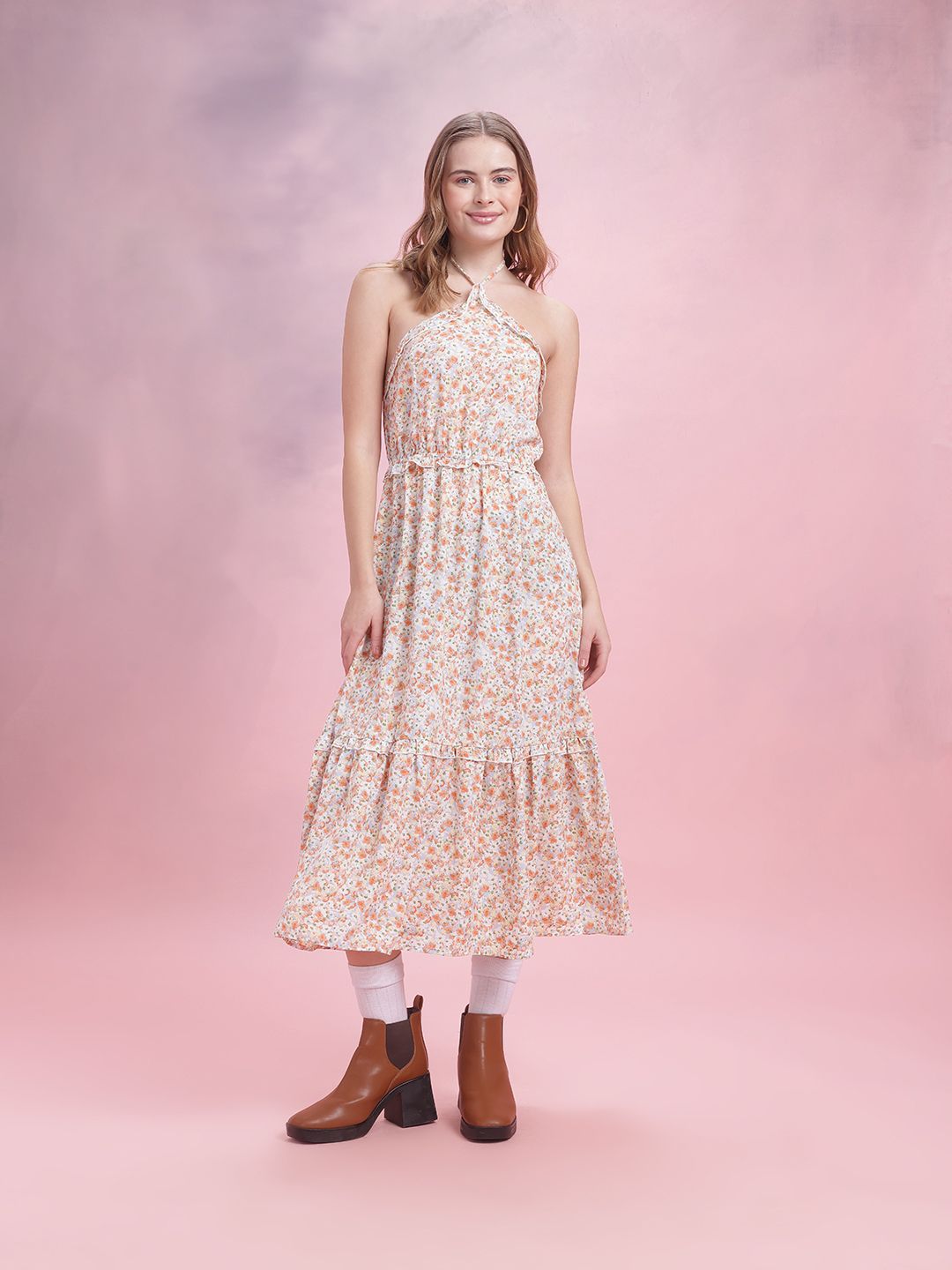 DressBerry Floral Print Halter Neck A-Line Midi Dress