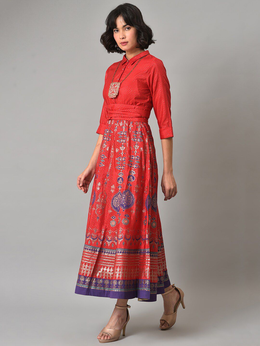 W Ethnic Motifs Printed Shirt Collar Maxi Dress
