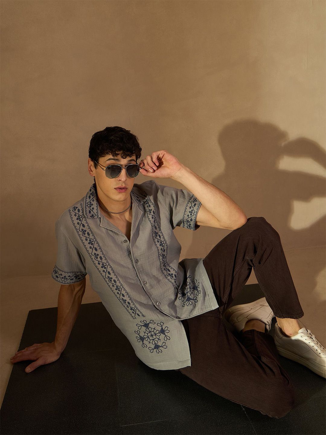 DENNISON Men Embroidered Oversized Cuban collar Short Slevees Traditional Casual Shirt