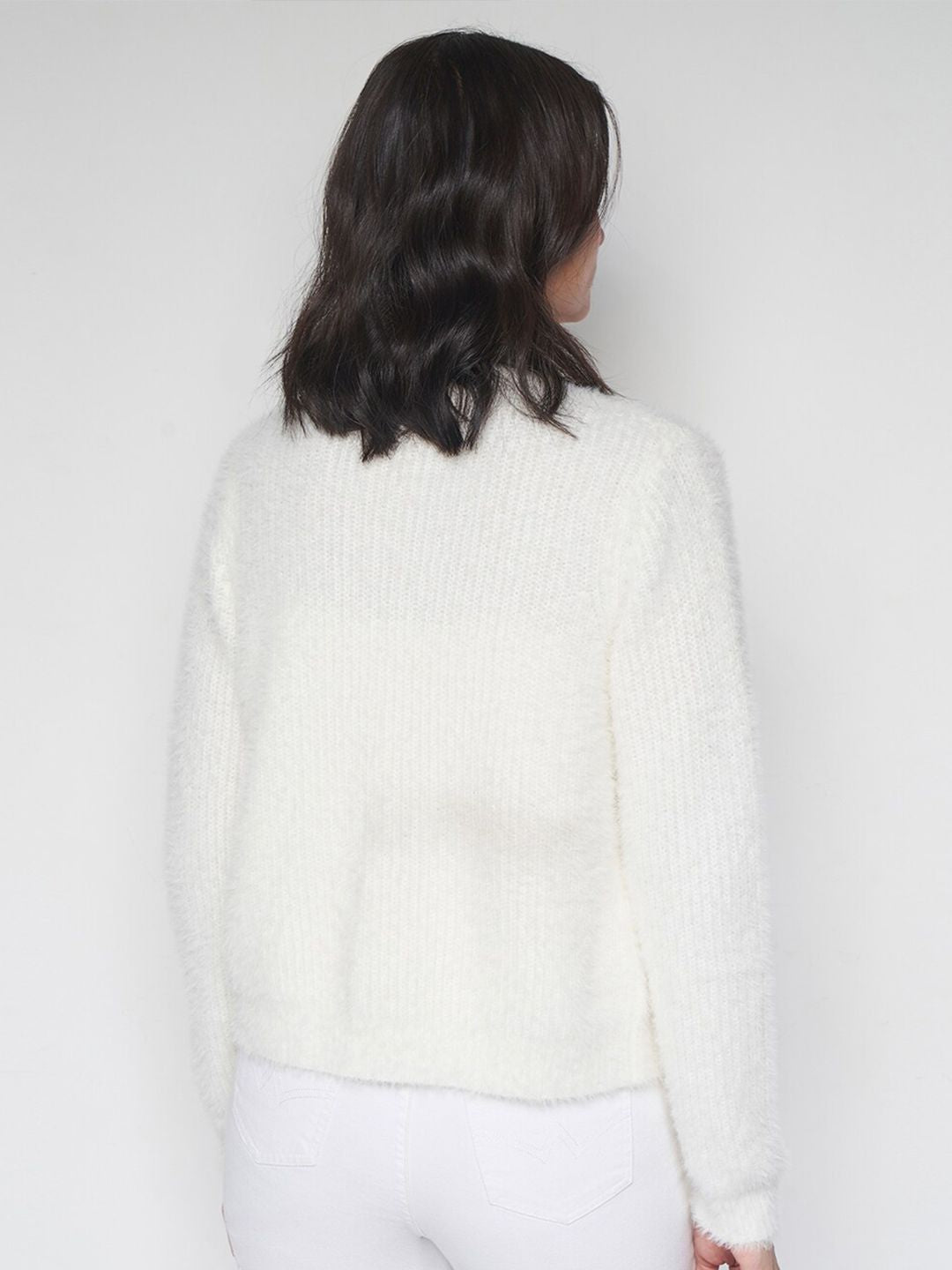 AND Women Striped with Fuzzy Detail Open Front Sweater with Crop Top